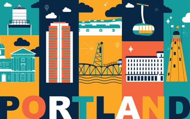 Wall Mural - Typography word Portland branding technology concept, split video screen. Collection flat vector web icons. Culture travel set famous architectures, detailed silhouette. American landmark illustration