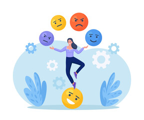 Emotional intelligence, balance of anxiety and happiness. Woman juggles emoticons, expression emotional faces. Emotions, mood control. Mindfulness and psychology. Consciousness, self development