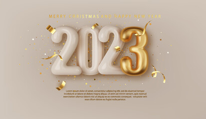 Wall Mural - 2023 3d Realistic Gold and white glossy number. Happy New Year and Merry Christmas 2023. Greeting card. Vector 3d rendering
