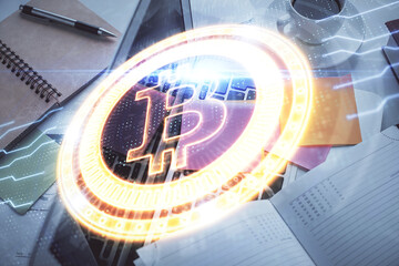 Poster - Blockchain theme hologram drawings over computer on the desktop background. Top view. Multi exposure. Concept of cryptoeconomy.