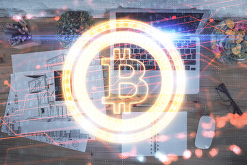 Aufkleber - Blockchain theme hologram drawings over computer on the desktop background. Top view. Double exposure.