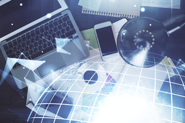 Poster - Double exposure of map hologram drawing over study table background with computer. Concept of international network. Top view.