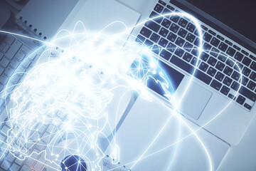 Poster - Business theme hologram drawings over computer on the desktop background. Top view. Multi exposure. Concept of international connections.