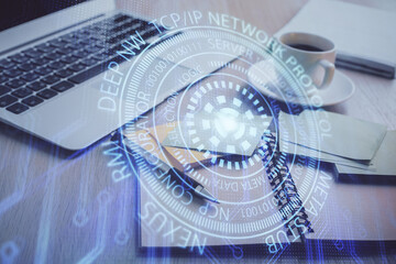 Poster - Multi exposure of technology theme drawing and desktop with coffee and items on table background. Concept of data research.
