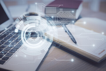 Aufkleber - Double exposure of technology theme drawing and desktop with coffee and items on table background. Concept of data research.