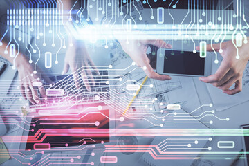 Aufkleber - Double exposure of man and woman working together and data theme hologram drawing. Computer background. Top View.