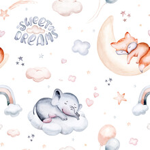 Watercolor Pattern For Children With Sleeping Baby Fox And Elephant. Baby Fabric, Poster Pink With Beige And Blue Clouds, Moon, Sun. Nursery Kitty Print Illustration Textile