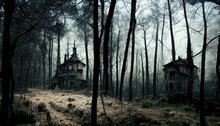 Creepy Forest With Abstract Two Neighbor Houses Digital Painting Tall Old, Weathered Collapsed Cabins Mysterious Horror Forest With Fog Fairy Tale Place Spiderwebs And Spiders