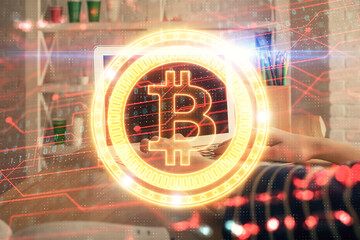 Poster - Double exposure of woman hands typing on computer and crypto market theme hologram drawing. Blockchain concept.