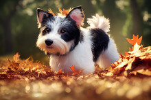 Terrier Crossbreed In The Autumnal Woods At Sunset
