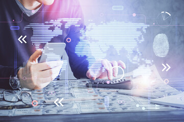 Aufkleber - Multi exposure of man's hands holding and using a digital device and map drawing. International business concept.