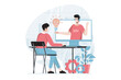 Technical support concept with people scene in flat design. Man watches video tutorial with tips on repairing and settings from tech specialist. Vector illustration with character situation for web