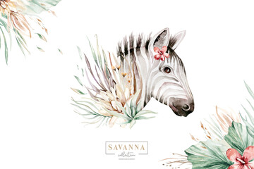 Wall Mural - Africa watercolor savanna zebra animal. African Safari cute animals portrait character.Perfect for wallpaper print, poster, packaging ,invitation, wedding design