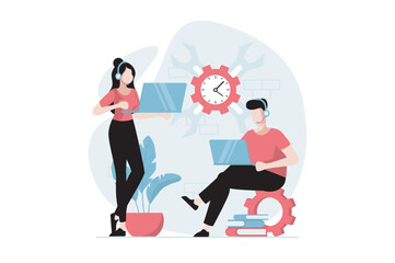 Leinwandbilder - Technical support concept with people scene in flat design. Team of tech experts consult customers using laptops, solve problems and troubleshoot. Vector illustration with character situation for web