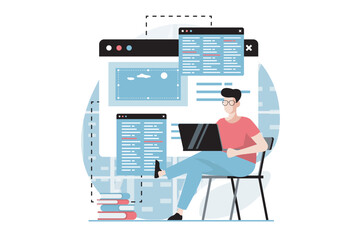 Wall Mural - Web development concept with people scene in flat design. Man programming and writing code, tests and fixes bugs, works on different screens. Vector illustration with character situation for web