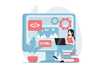 Wall Mural - Web development concept with people scene in flat design. Woman developing program code, creating layout, using scripts on site and optimizes. Vector illustration with character situation for web