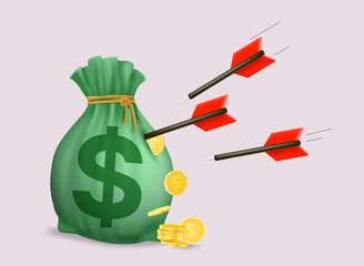 Aufkleber - Darts flying to the money bag. Investment, business success concept. 3d vector illustration