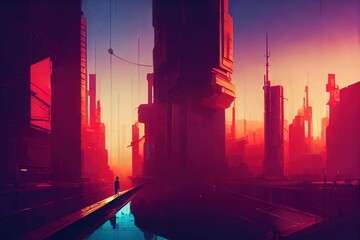 Wall Mural - Futuristic cyberpunk city. Concept sci fi downtown at night with skyscraper, highway and billboards. 3D illustration.	