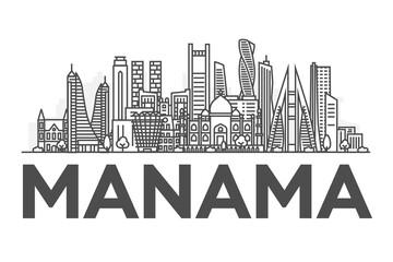 Manama, Bahrain architecture line skyline illustration. Linear vector cityscape with famous landmarks, city sights, design icons. Landscape with editable strokes.