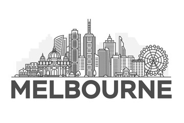 Wall Mural - Melbourne, Australia architecture line skyline illustration. Linear vector cityscape with famous landmarks, city sights, design icons. Landscape with editable strokes.