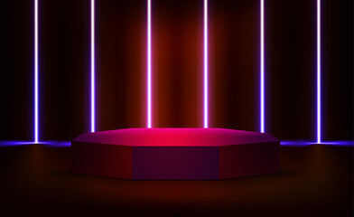 Aufkleber - illuminated interior with red neon lights and circlr podium. 3d vector illustration