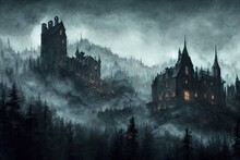 Background For A Scary Fairy Tale Background, A Dark Gothic Castle In A Dark Dead Valley, Some Kind Of Gray Place In A Gloomy Area Of A Mountainous Region.	
