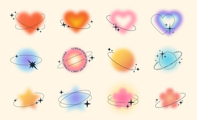Leinwandbilder - Y2k style blurred gradient shapes with linear forms and sparkles, blurry flower or heart aura aesthetic elements. Modern minimalist design element with blur gradients for logo vector template set