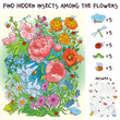Find the hidden insects in the bouquet of flowers. Find hidden objects in the picture. Puzzle Hidden Items. Funny cartoon character. Vector illustration. Set