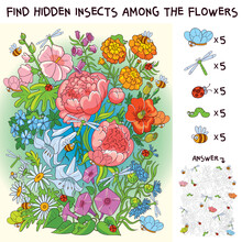 Find The Hidden Insects In The Bouquet Of Flowers. Find Hidden Objects In The Picture. Puzzle Hidden Items. Funny Cartoon Character. Vector Illustration. Set