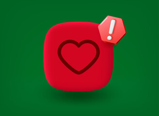 Poster - Red button with heart icon and notice pictogram. 3d vector illustration
