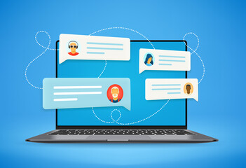 Poster - Modern computer with social media communication clouds. 3d vector illustration 