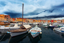 storm clouds over marina in Rovinj town, Croatia.