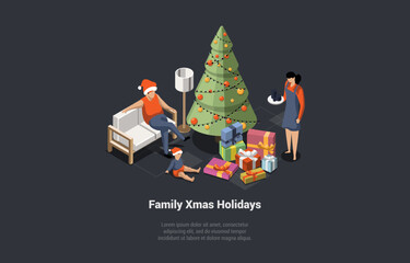 Winter Holidays, Home Coziness, Winter Holidays Attributes. Family Celebrate And Enjoy Christmas At Home. Characters Unpacking Xmas Gifts Near Christmas Tree. Isometric 3D Cartoon Vector Illustration