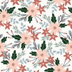 Wall Mural - Beautiful Christmas seamless pattern. Poinsettia flowers, pink berries, fir tree branches and eucalyptus. White vector illustration background. Winter floral design for wrapping paper, srapbooking