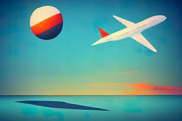 Wall Mural - Open suitcase flight airplane travel tourism plane trip planning world tour luggage with Terrestrial globe location, leisure touring holiday summer concept. Cartoon minimal 3d render illustration