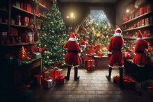 Santa's Helpers Prepare To Ship Gifts At The Gift Factory. Preparing For Christmas, A Beautiful Decorated Christmas Tree Stands In The Room. Fairy Tale Scene. Digital Painting Illustration
