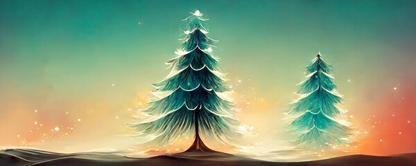 Wall Mural - Beautiful abstract and modern illustration of a christmas sccene with decorated christmas tree in worm lights for background of greeting card