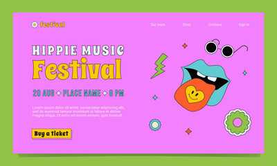 A festival landing page template in the 1970s, 1960s style. A groovy outlined illustration with a with lips and tongue sticking out.