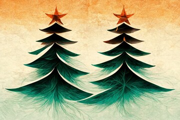 Wall Mural - Beautiful abstract and modern illustration of a christmas sccene with decorated christmas tree in worm lights for background of greeting card