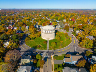 Wall Mural - Arlington Reservoir aerial view in fall on Park Circle in town of Arlington, Massachusetts MA, USA. This water tower was built in 1920 with Classical Revival style. 