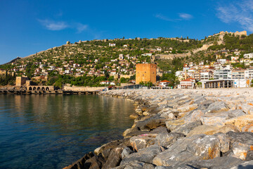 Wall Mural - Mediterranean coast of Alanya, Antalya Province, Turkey. View of Red Tower and Tersane dockyard.