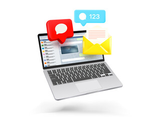 Poster - laptop with app icons. 3d vector banner 