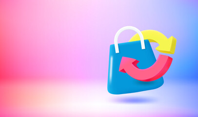 Poster - Shopping bag with arrows. Cash back concept. 3d vector banner with copy space