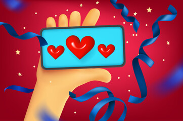 Aufkleber - Man holding modern smartphone with hearts symbols on the screen. 3d vector illustration