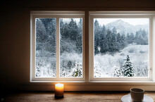 View Through The Window Of The Modern Interior. View To The Winter Mountain Landscape, Trees In The Snow And Snow Drifts. AI Illustration,fantasy Painting,digital Art, Artificial Intelligence Artwork

