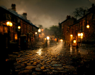 Wet cobblestone road with lights reflecting in it. Blurry buildings. Dark, rainy evening. Cobble stone street of the old town. Ai llustration, fantasy digital painting,artificial intelligence artwork