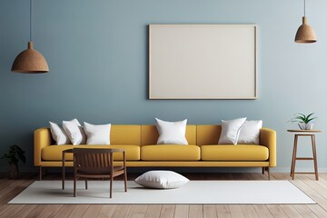 Canvas Print - Living room interior mockup in wabi sabi style with low sofa, jute rug and dried grass decoration on empty warm neutral wall background. 3d rendering, illustration.