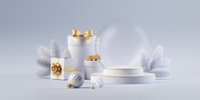 3d Render, White Silver Background With Christmas Ornaments, Empty Glass Ball, Wrapped Gift Boxes With Golden Ribbons And Frozen Spruce Twigs. Traditional Holiday Wallpaper