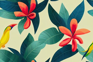 Wall Mural - Tropical leaves, flowers frangipani, birds of paradise, parrot abstract colors seamless realistic 2d illustrated image