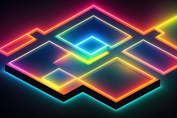 Wall Mural - 3D Illustration. Illuminated dark concrete surface surrounded by modern neon colour lights. Computer graphic background or sports stadium. Template for adding your content.